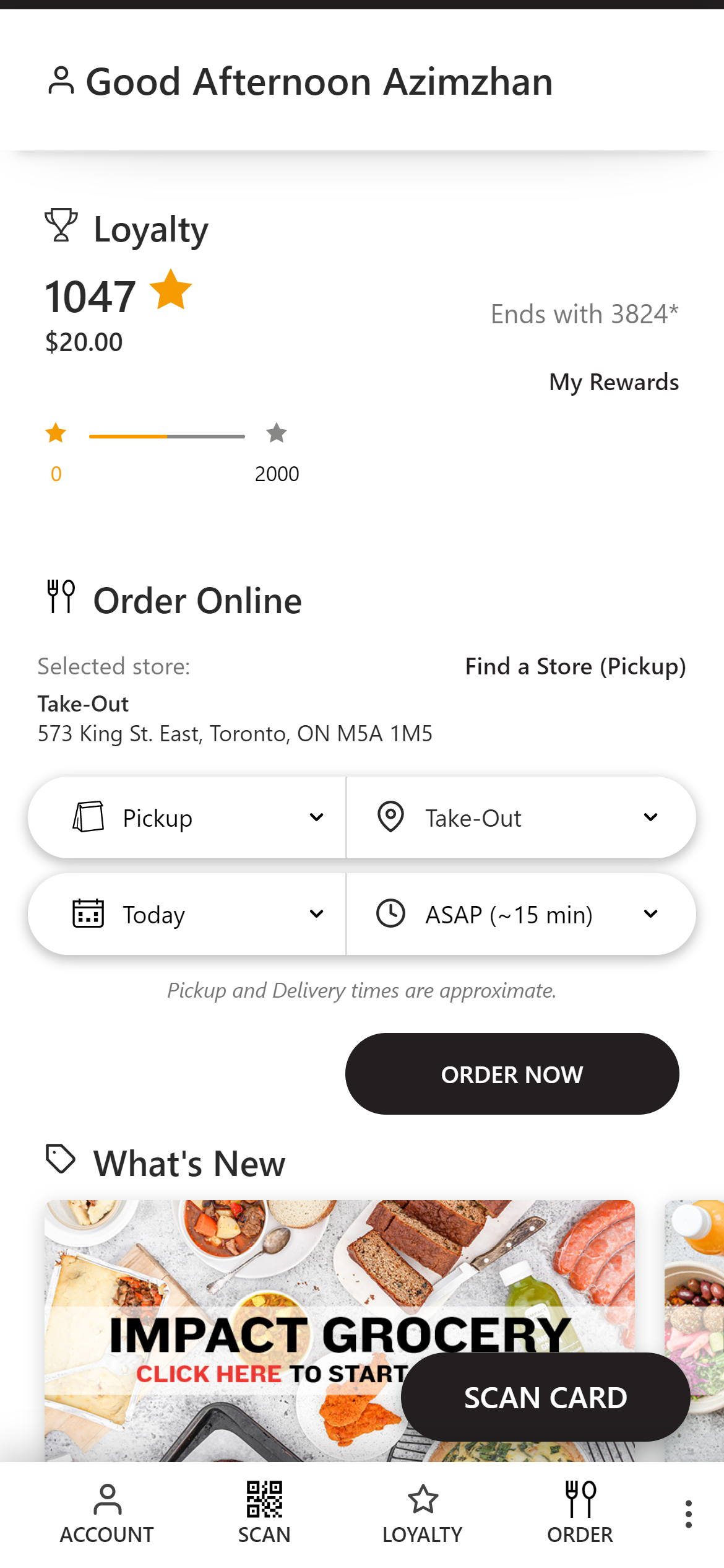 Screenshot of Givex's Online Ordering App's Dashboard