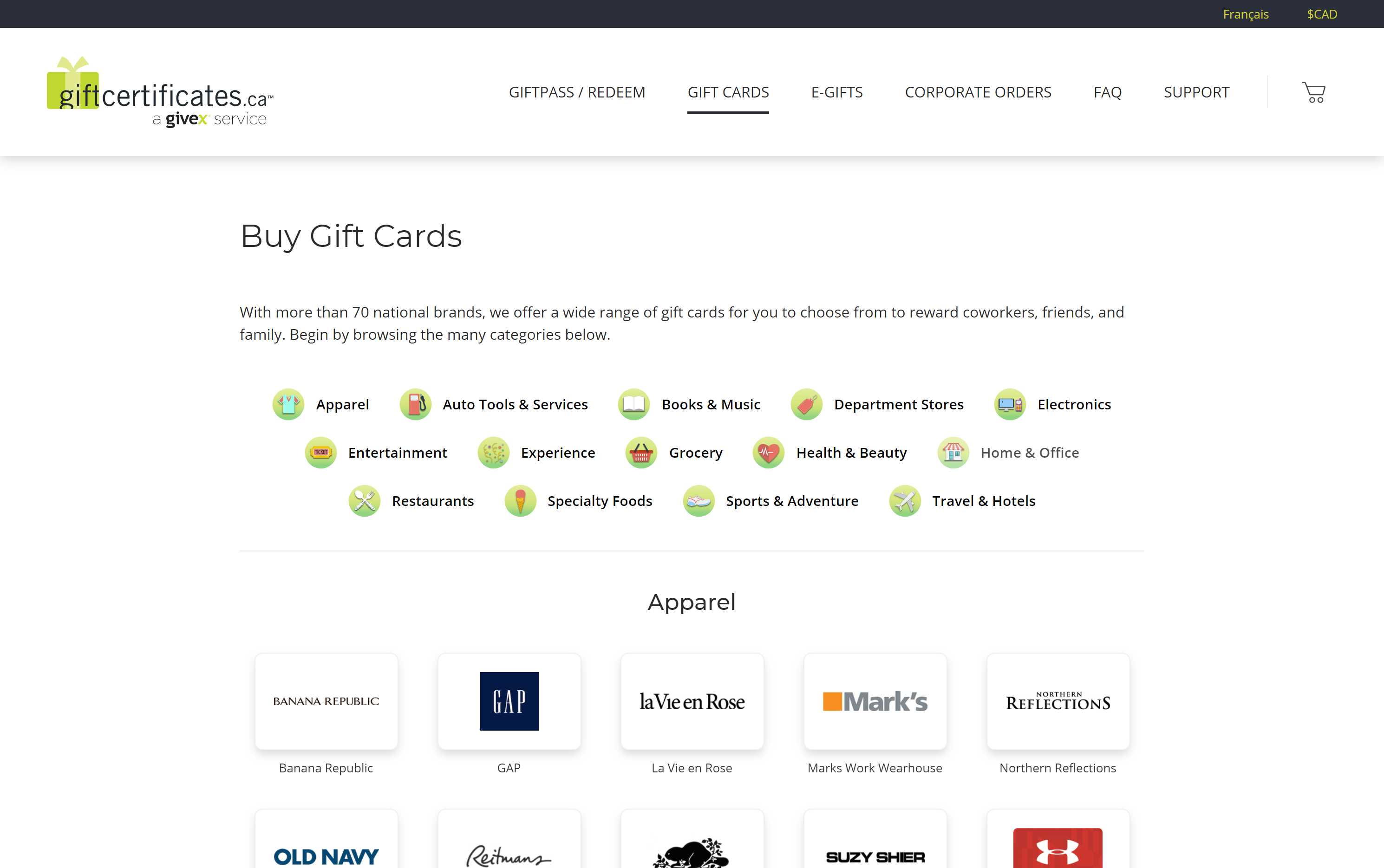 Screenshot of Gift Certificates' homepage