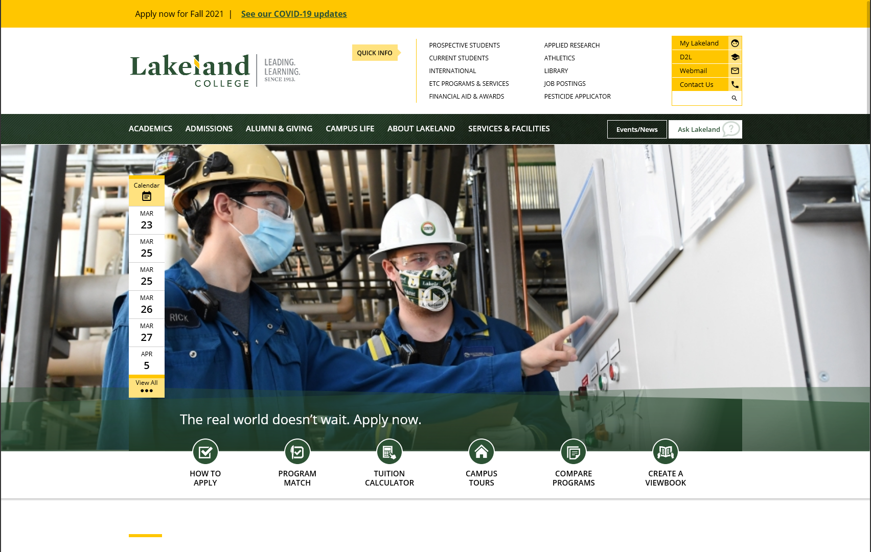 Screenshot of Lakeland College's homepage