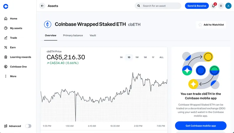 Screenshot from coinbase.com web app's cbETH landing page