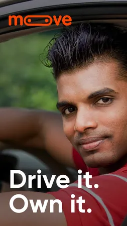 Moove app store screenshot showing a smiling driver in a car looking into the camera