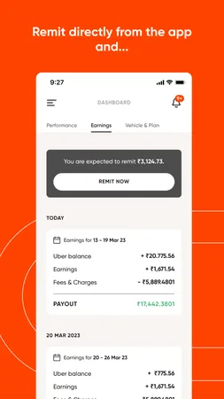Moove app store screenshot showing a screen with a remit now entry point and earning statements below it